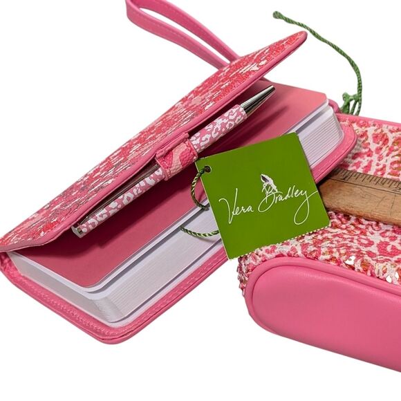 Vera Bradley Mesh Sequin Camocat Pink Wristlet cosmetic bag blooms notebook pen - Picture 4 of 8